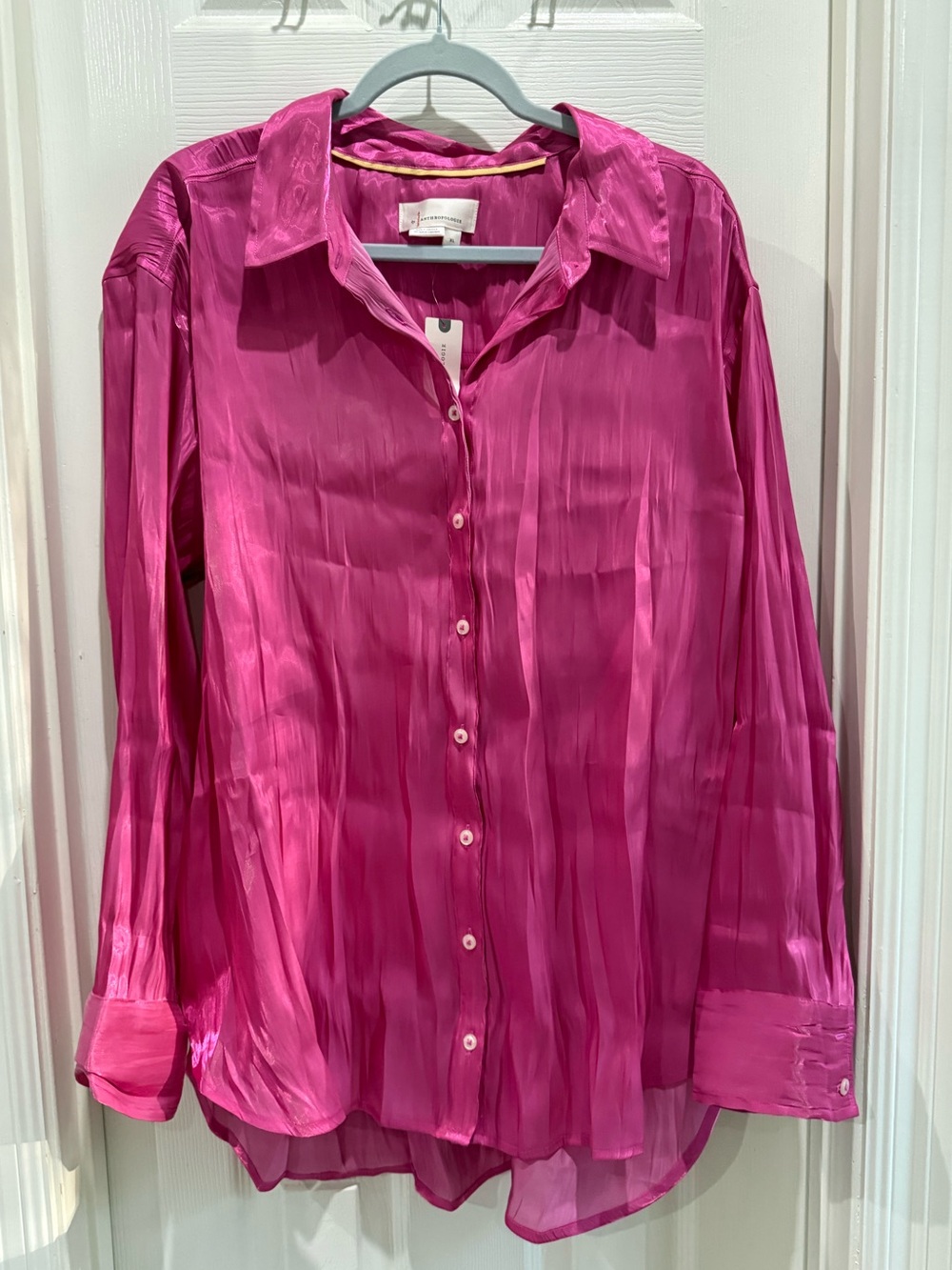 By Anthropologie Iridescent Silky Blouse Fuchsia Pink Satin Oversized